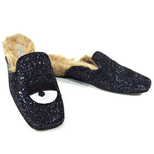 CHIARA FERRAGNI 🇮🇹 WOMENS BLUE GLITTER FLAT LAMB FUR SUMMER MULES